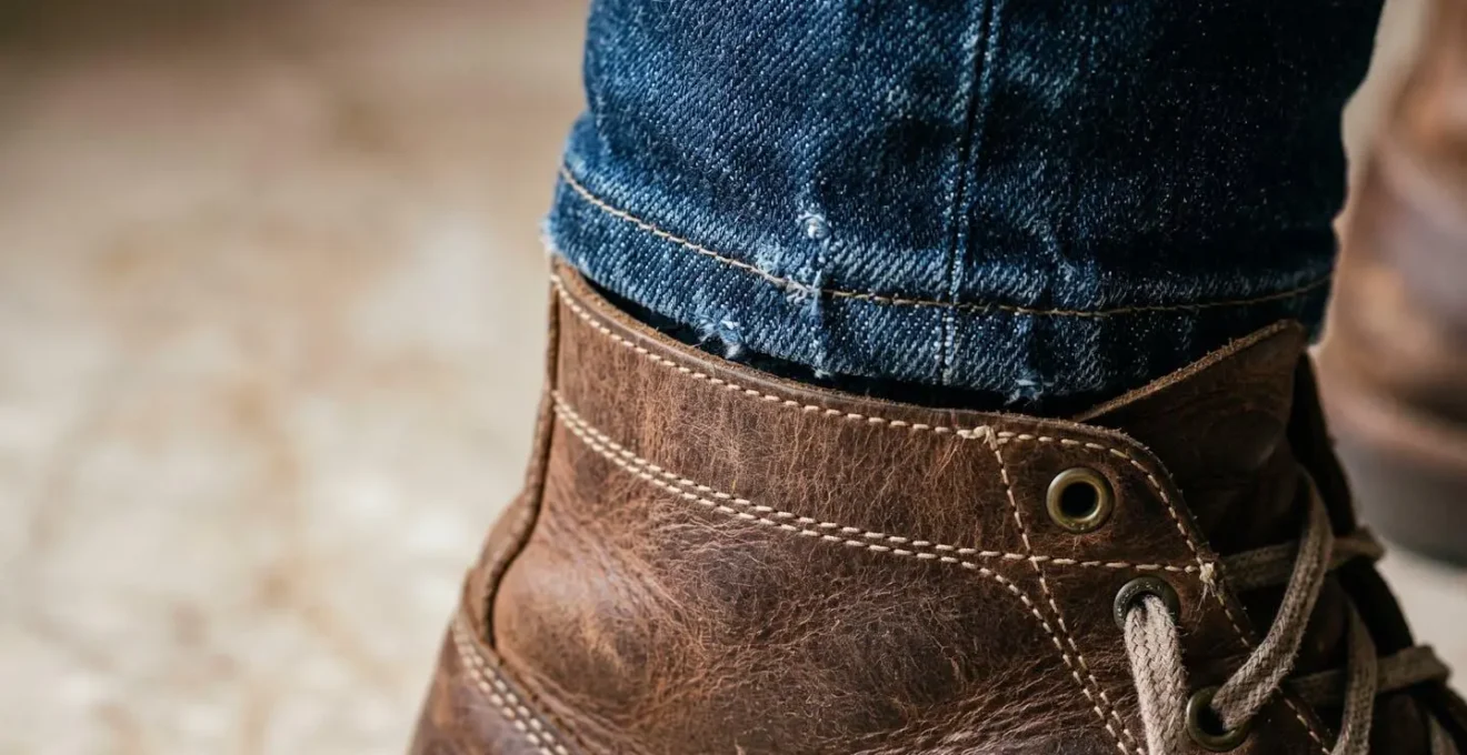 Dettaglio di stivaletti abbinati a jeans che valorizzano la caviglia creando continuità visiva