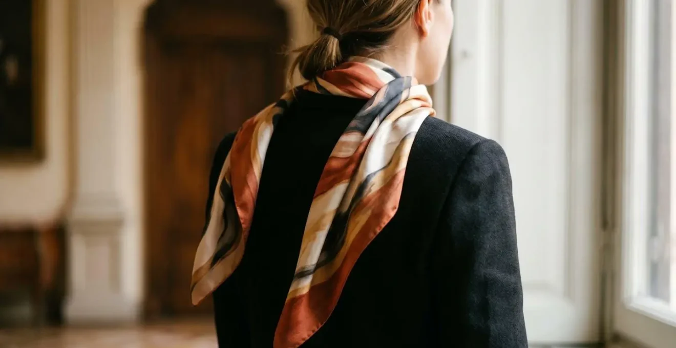 Dettaglio di un foulard di seta italiano drappeggiato con eleganza naturale