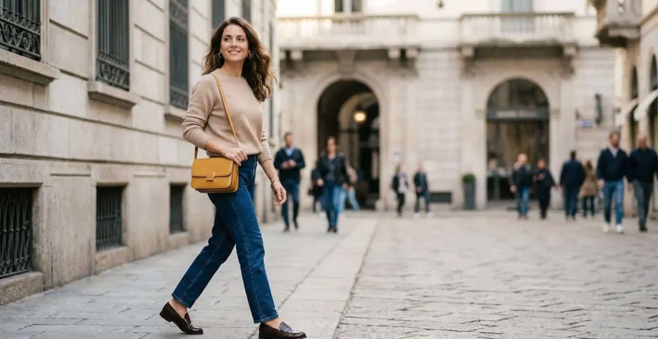 Una giovane donna italiana elegante dopo i 25 anni che mescola capi classici di qualità con accessori di tendenza in un ambiente urbano milanese
