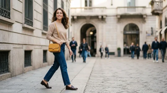 Una giovane donna italiana elegante dopo i 25 anni che mescola capi classici di qualità con accessori di tendenza in un ambiente urbano milanese