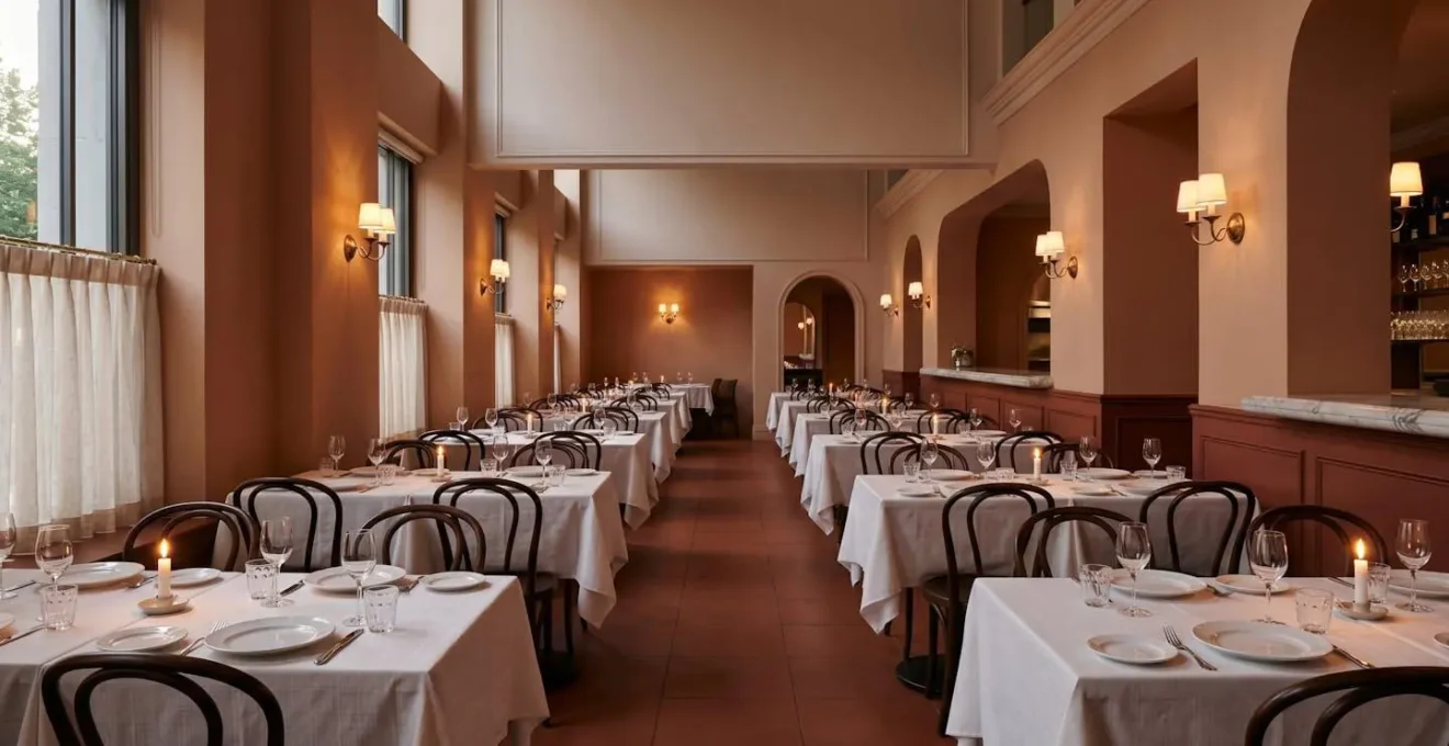 Ambiente interno di un ristorante italiano elegante con tavoli curati e atmosfera raffinata che richiede dress code appropriato