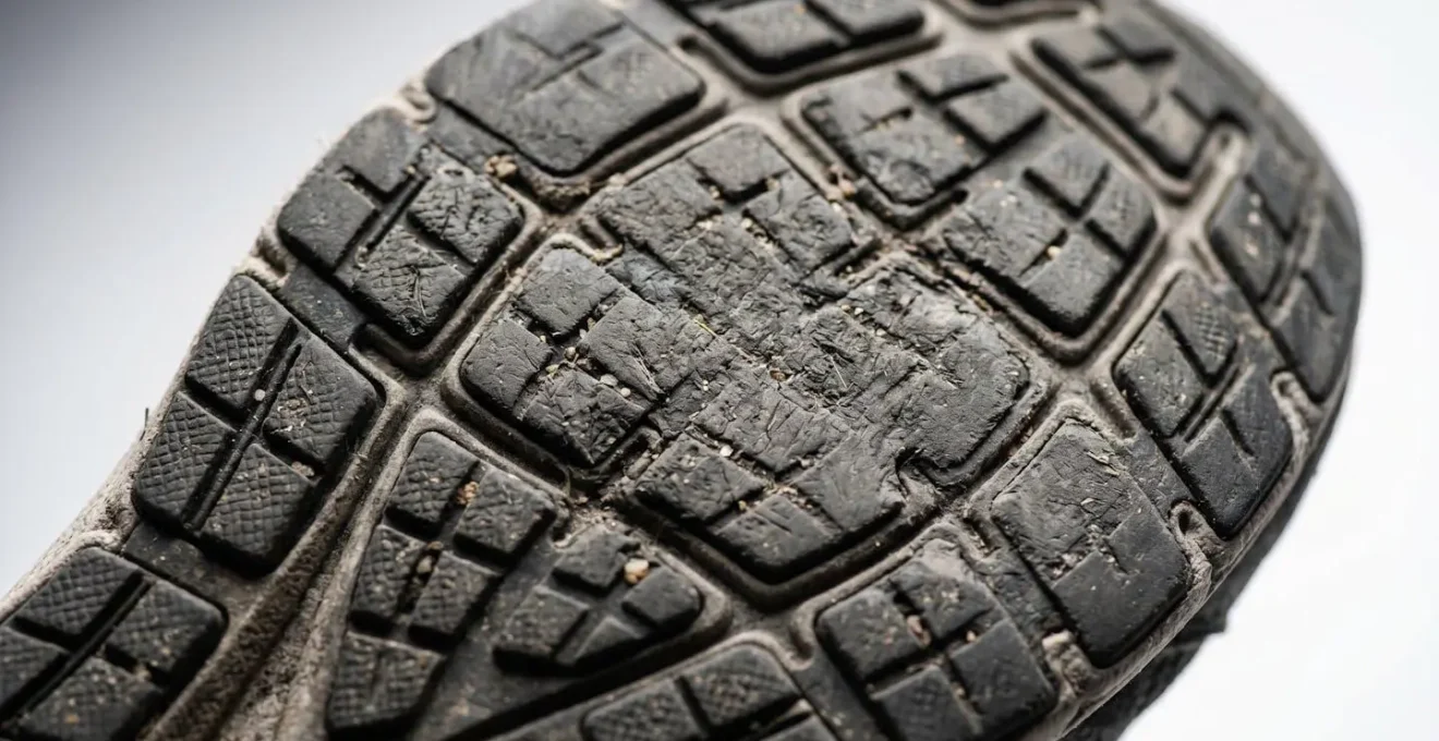 Primo piano macro dei dettagli della suola di una scarpa da running che mostra il pattern di usura