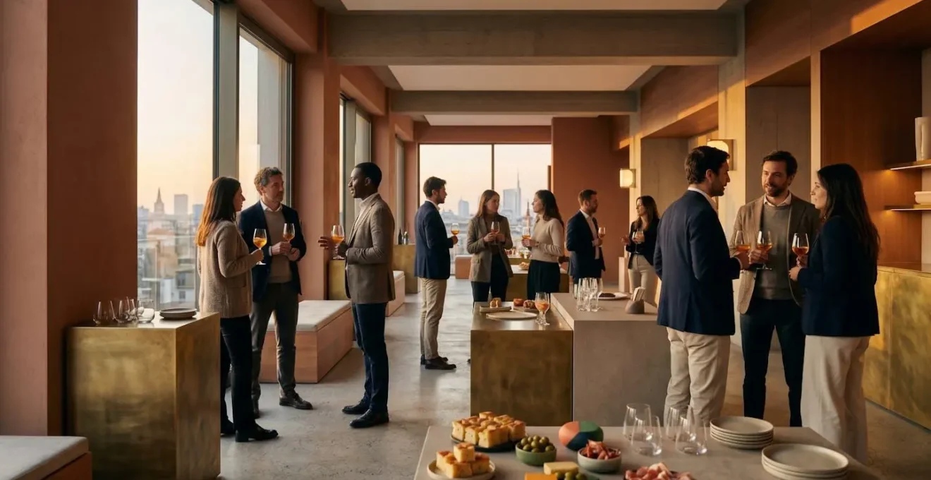 Ambiente di networking professionale durante un aperitivo serale milanese con atmosfera elegante e rilassata