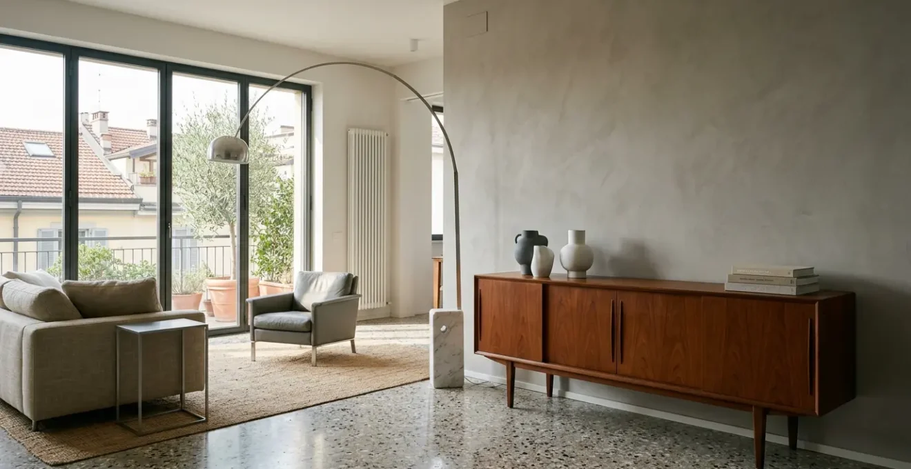 Ambiente domestico contemporaneo con pezzi vintage selezionati integrati armoniosamente