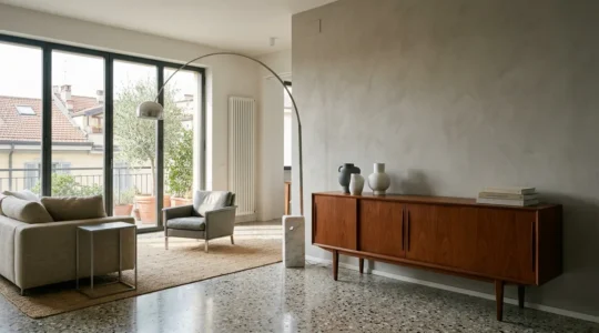 Ambiente domestico contemporaneo con pezzi vintage selezionati integrati armoniosamente