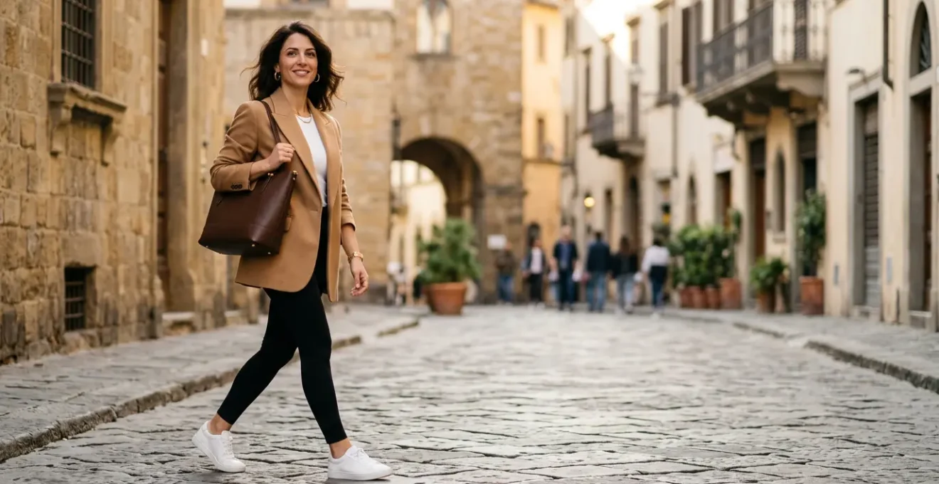 Donna italiana in outfit athleisure elegante che cammina con sicurezza in un contesto urbano chic