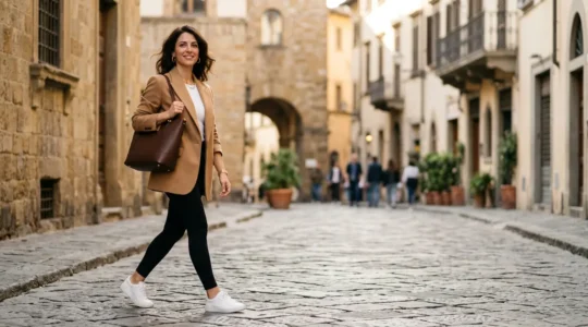 Donna italiana in outfit athleisure elegante che cammina con sicurezza in un contesto urbano chic