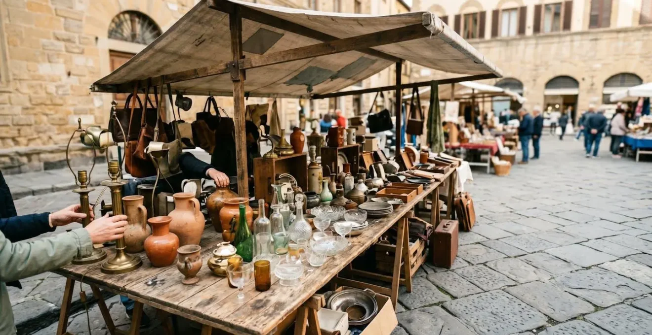 Vista dall'alto di una bancarella di mercatino vintage con oggetti di design italiani degli anni Sessanta e Settanta