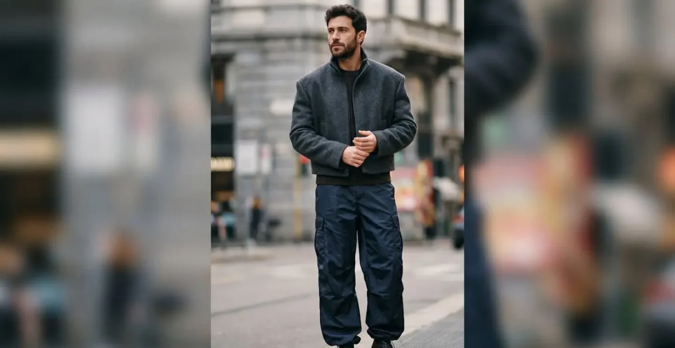Dettagli di silhouette strutturata che mostrano l'equilibrio tra volumi e proporzioni nello stile milanese
