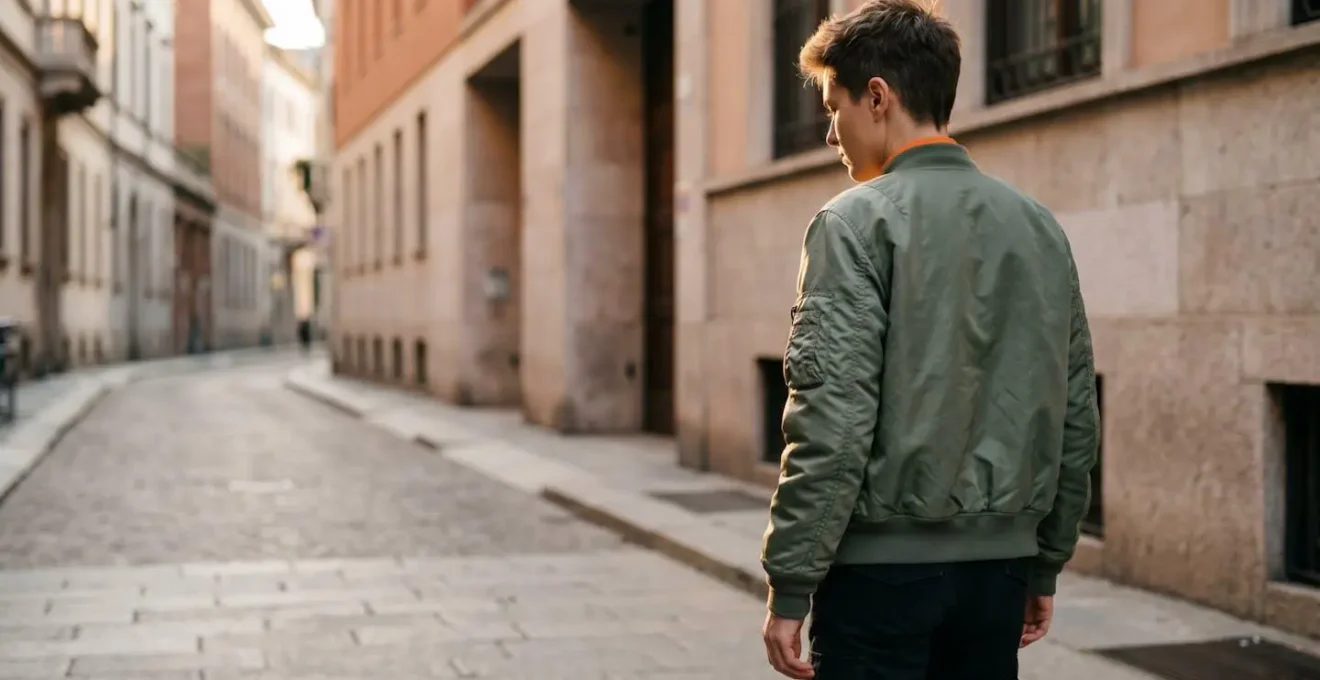 Silhouette umana neutra che indossa bomber militare in ambiente urbano italiano minimalista