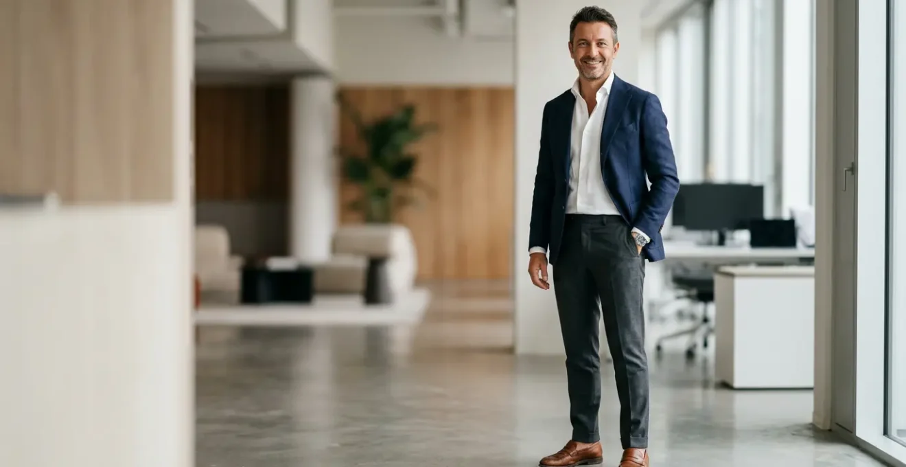 Professionista italiano in abbigliamento business casual elegante che trasmette sicurezza e sprezzatura in un ambiente aziendale moderno