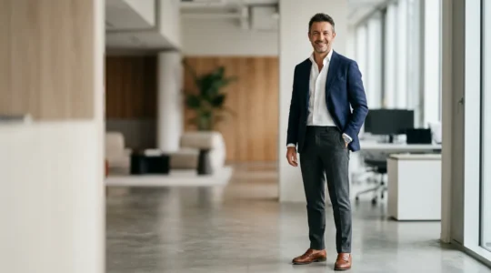 Professionista italiano in abbigliamento business casual elegante che trasmette sicurezza e sprezzatura in un ambiente aziendale moderno