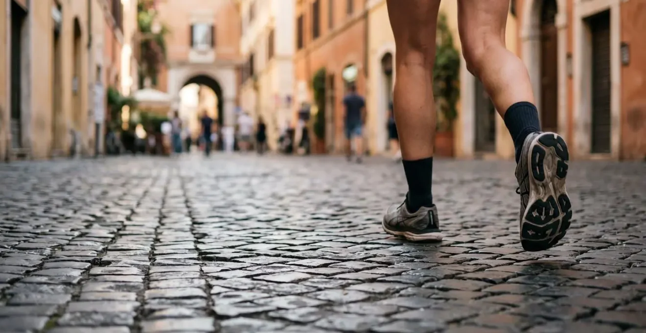 Inquadratura ambientale di scarpe da running su caratteristico pavimento a sanpietrini romani nel centro storico