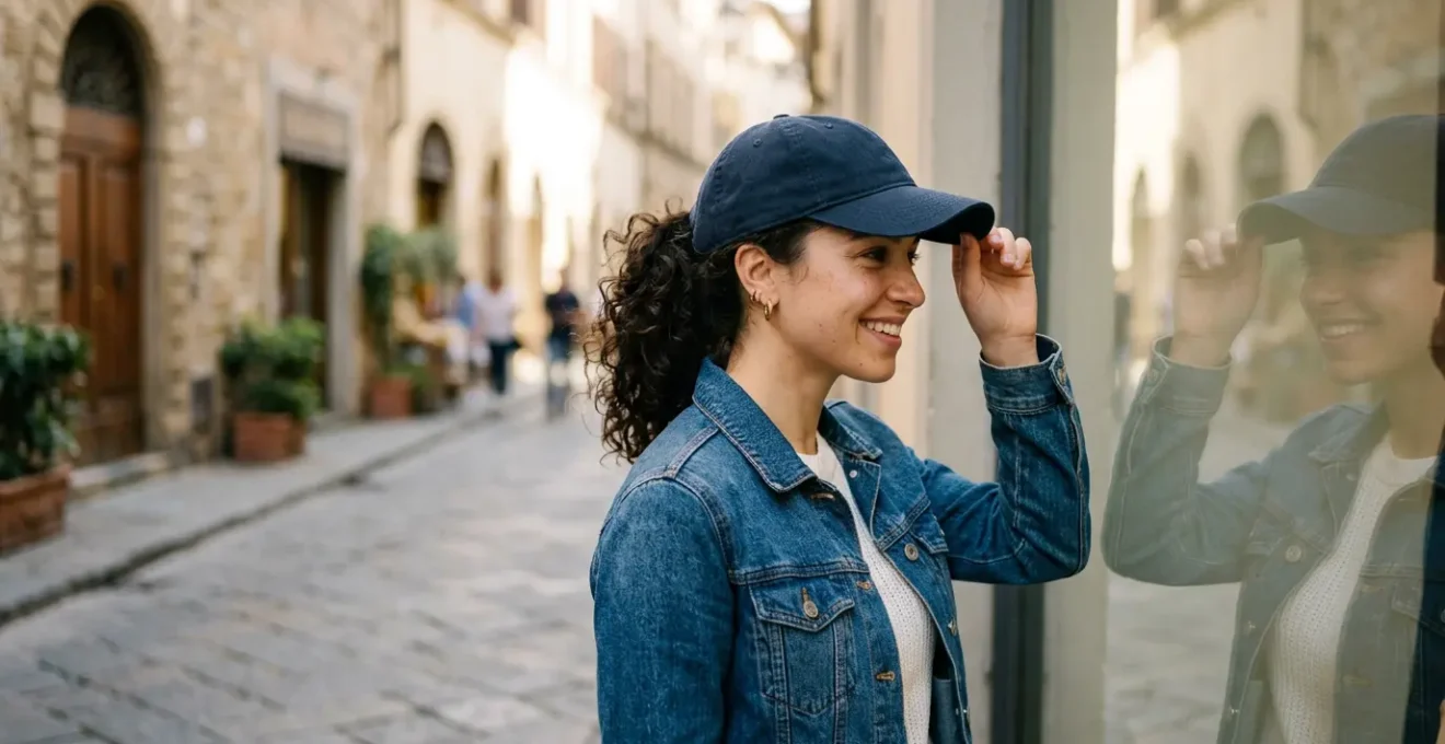 Persona che indossa un cappellino con visiera scelto in base alla forma del viso in ambiente urbano italiano
