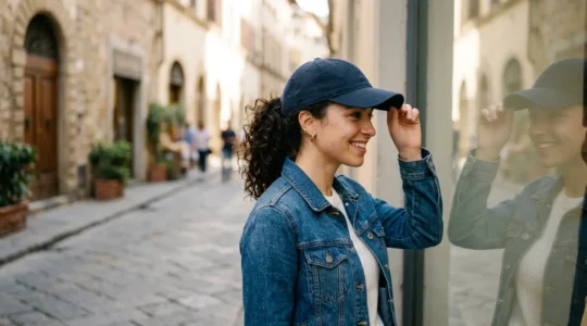 Persona che indossa un cappellino con visiera scelto in base alla forma del viso in ambiente urbano italiano