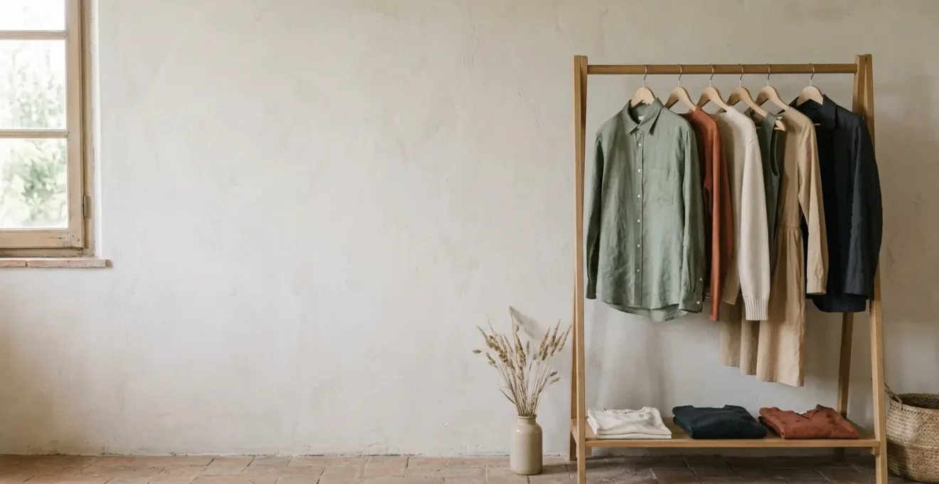 Composizione elegante di capi essenziali per una capsule collection italiana con palette neutra e texture naturali