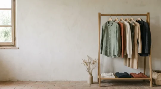 Composizione elegante di capi essenziali per una capsule collection italiana con palette neutra e texture naturali