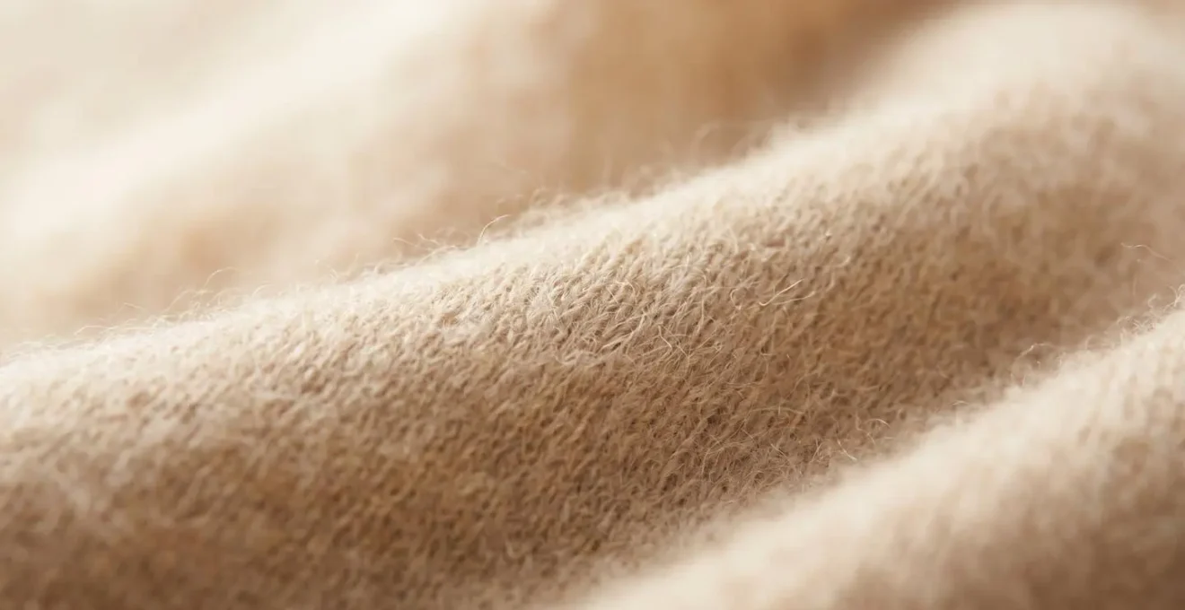 Macro estremo di fibre di cashmere italiano che mostrano la qualità e morbidezza del tessuto