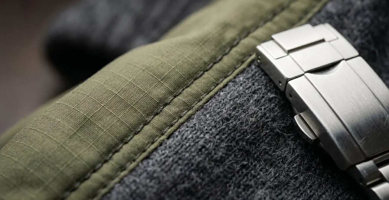 Macro dettaglio di tessuti tecnici streetwear di lusso con texture visibili e materiali premium, che cattura l'equilibrio tra innovazione e qualita artigianale italiana