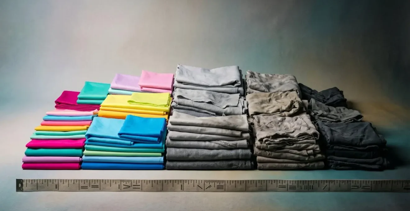Composizione simbolica che rappresenta il ciclo accelerato delle micro-tendenze nella moda con elementi di scarto tessile