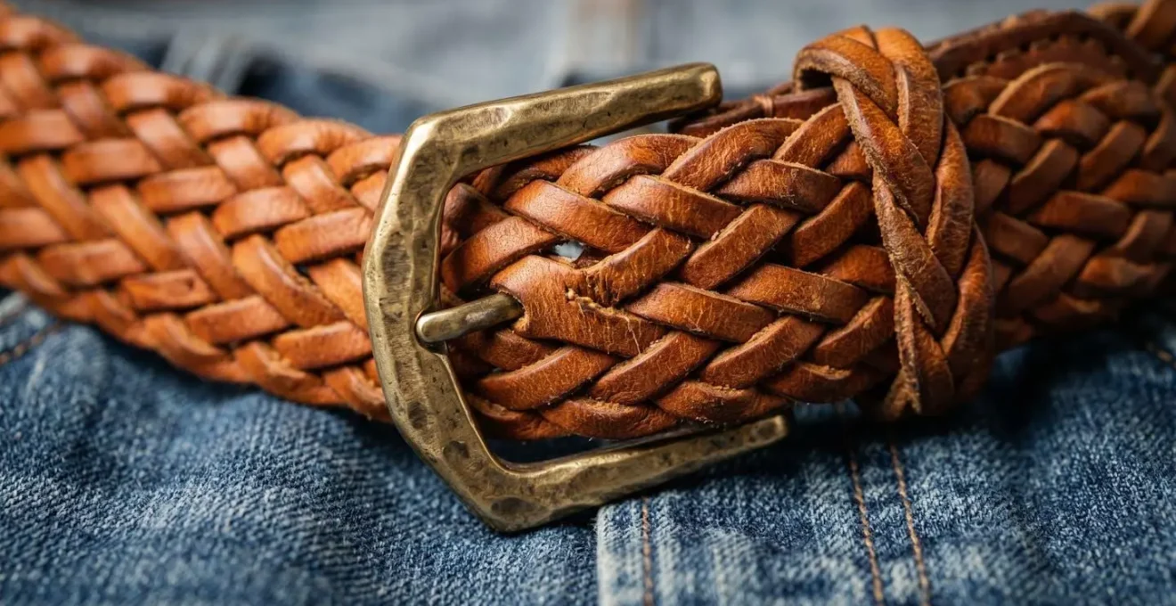 Dettaglio di una cintura artigianale in pelle intrecciata che valorizza un outfit casual