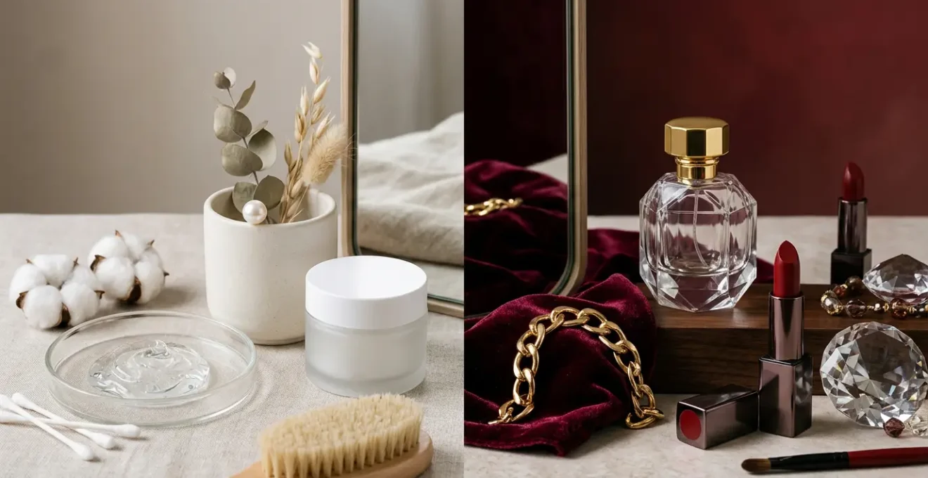 Confronto visivo tra due estetiche beauty opposte con elementi di tendenza moda italiana