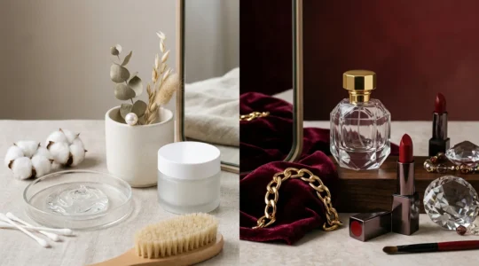 Confronto visivo tra due estetiche beauty opposte con elementi di tendenza moda italiana