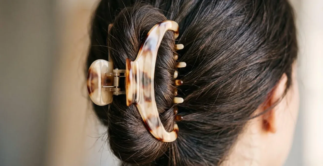 Dettaglio di accessorio per capelli di design integrato in acconciatura professionale elegante
