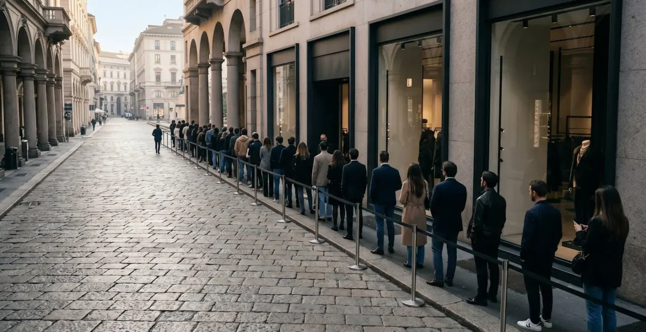 Atmosfera di attesa fuori da un negozio di moda durante un lancio esclusivo a Milano