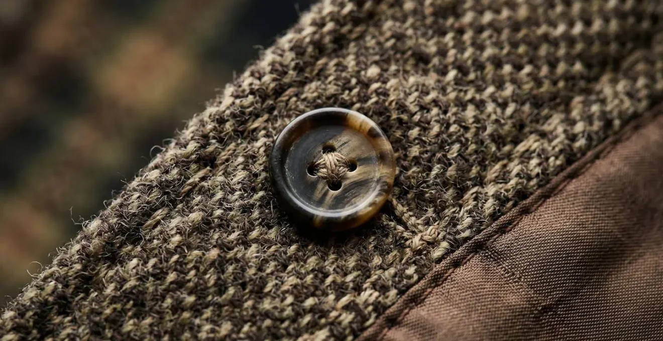 Dettaglio macro delle cuciture di un cappotto vintage italiano anni '80 con densità superiore del tessuto