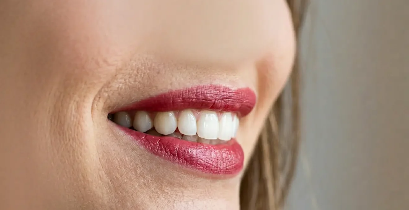 Primo piano di labbra con rossetto rosso freddo che esalta il sorriso luminoso