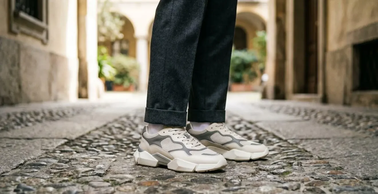 Composizione visiva che mostra il contrasto tra sneaker massiccia e pantalone sartoriale italiano dal taglio perfetto