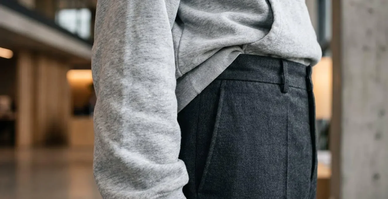 Dettaglio ravvicinato che mostra il contrasto tra tessuto morbido della felpa oversize e struttura sartoriale dei pantaloni slim