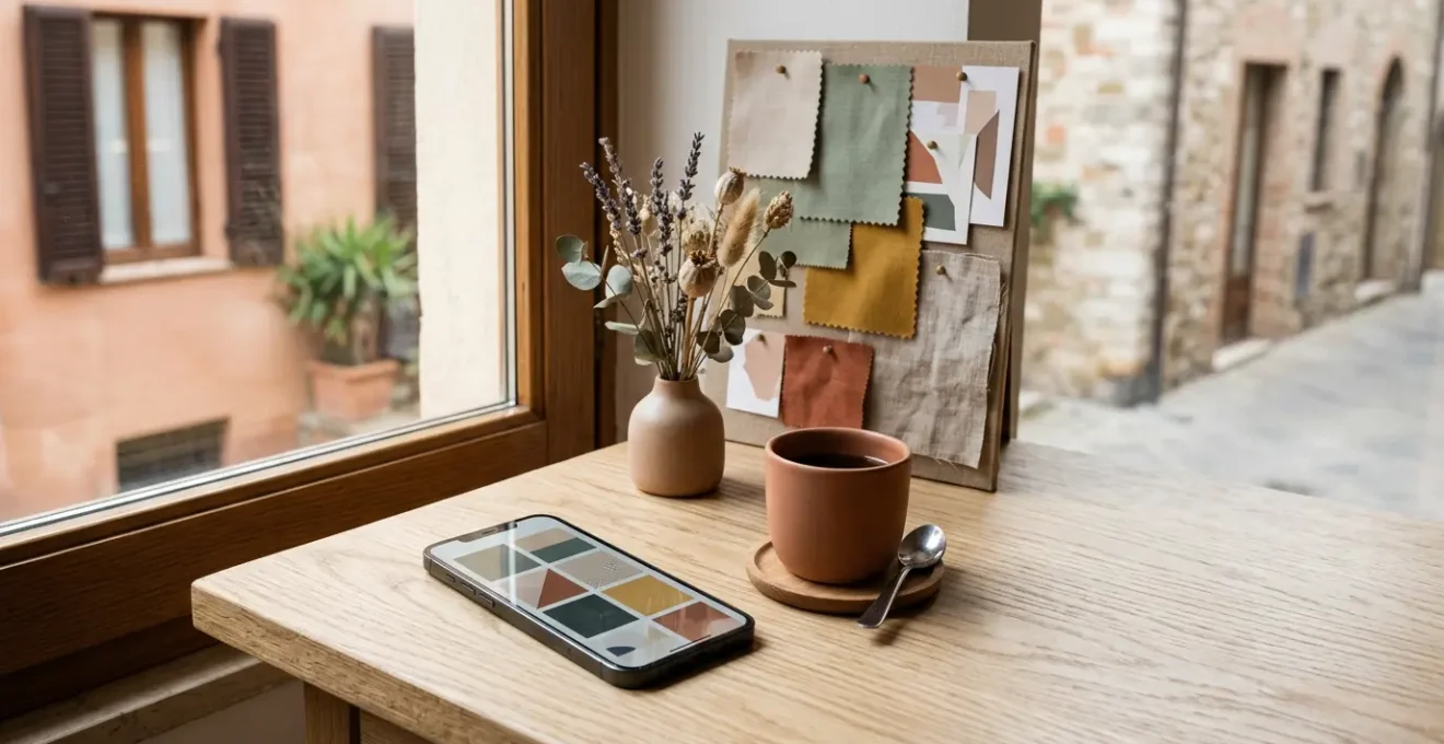 Composizione minimalista che rappresenta la coerenza visiva di un feed Instagram con palette di colori armoniosi e identita personale