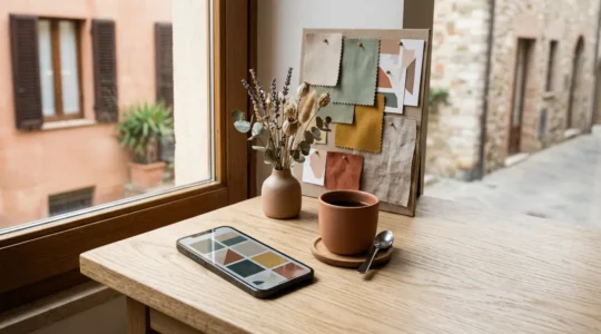 Composizione minimalista che rappresenta la coerenza visiva di un feed Instagram con palette di colori armoniosi e identita personale