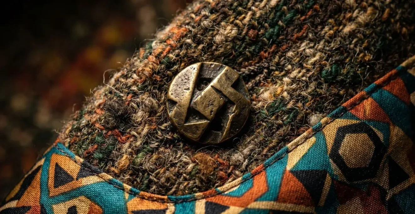 Primo piano di dettagli sartoriali di una giacca vintage con nuovi bottoni di design e fodera moderna
