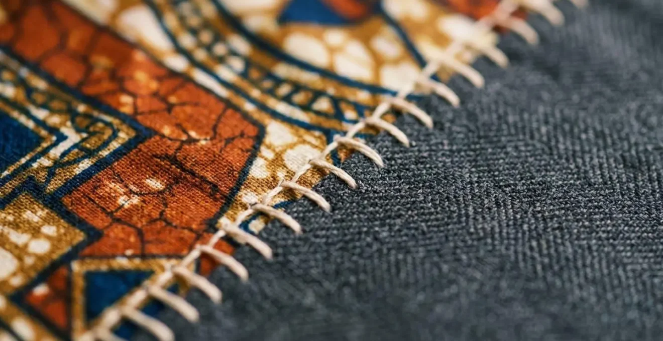 Dettaglio ravvicinato di tessuto wax africano con cuciture sartoriali italiane che mostrano la fusione artigianale tra tradizioni