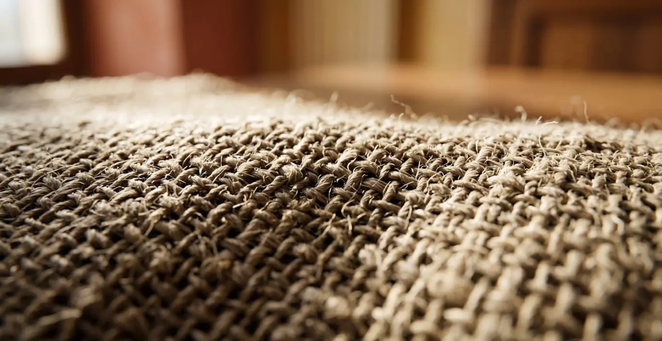 Primo piano estremo di tessuto italiano di qualita con luce radente che evidenzia la trama e i dettagli delle fibre