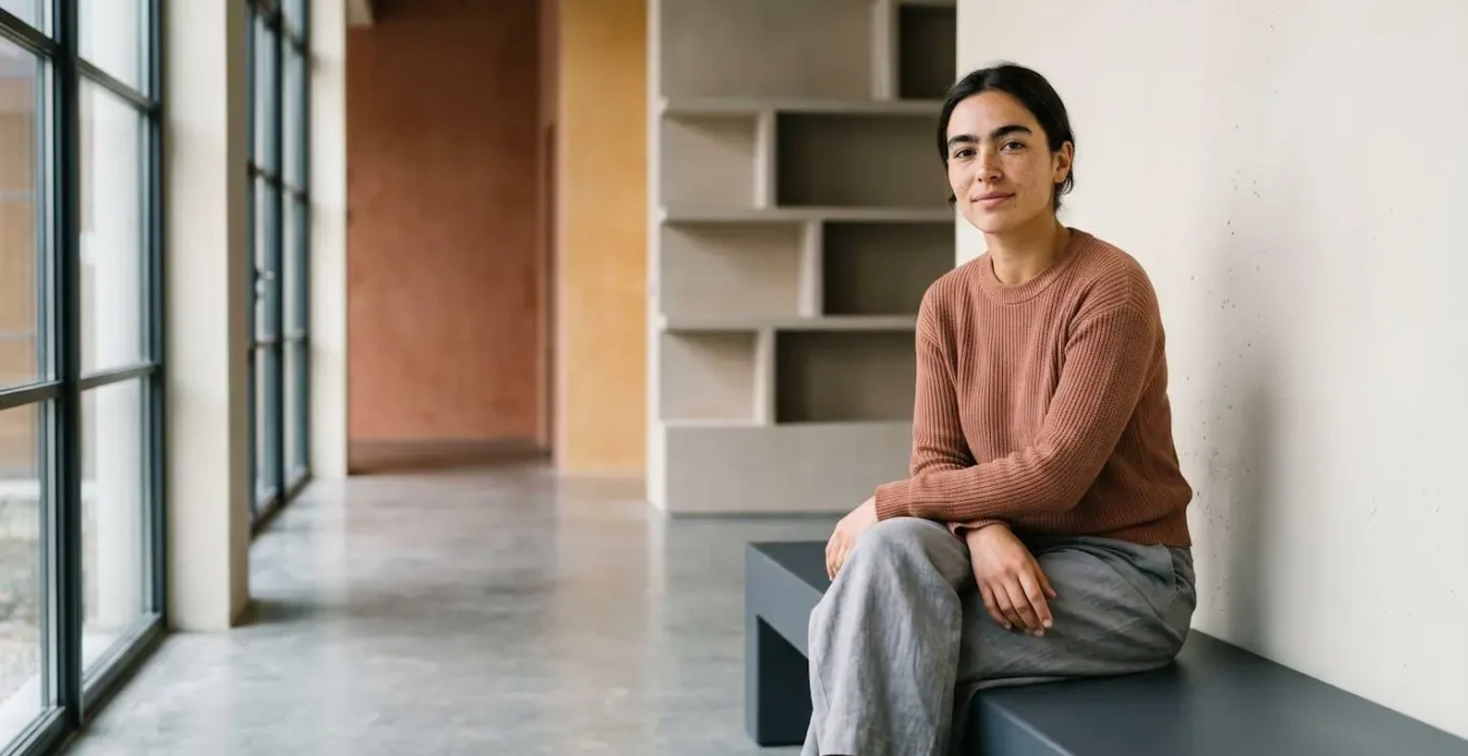 Ritratto ambientale di una donna con caratteristiche uniche in ambiente minimalista che celebra la bellezza naturale e autentica