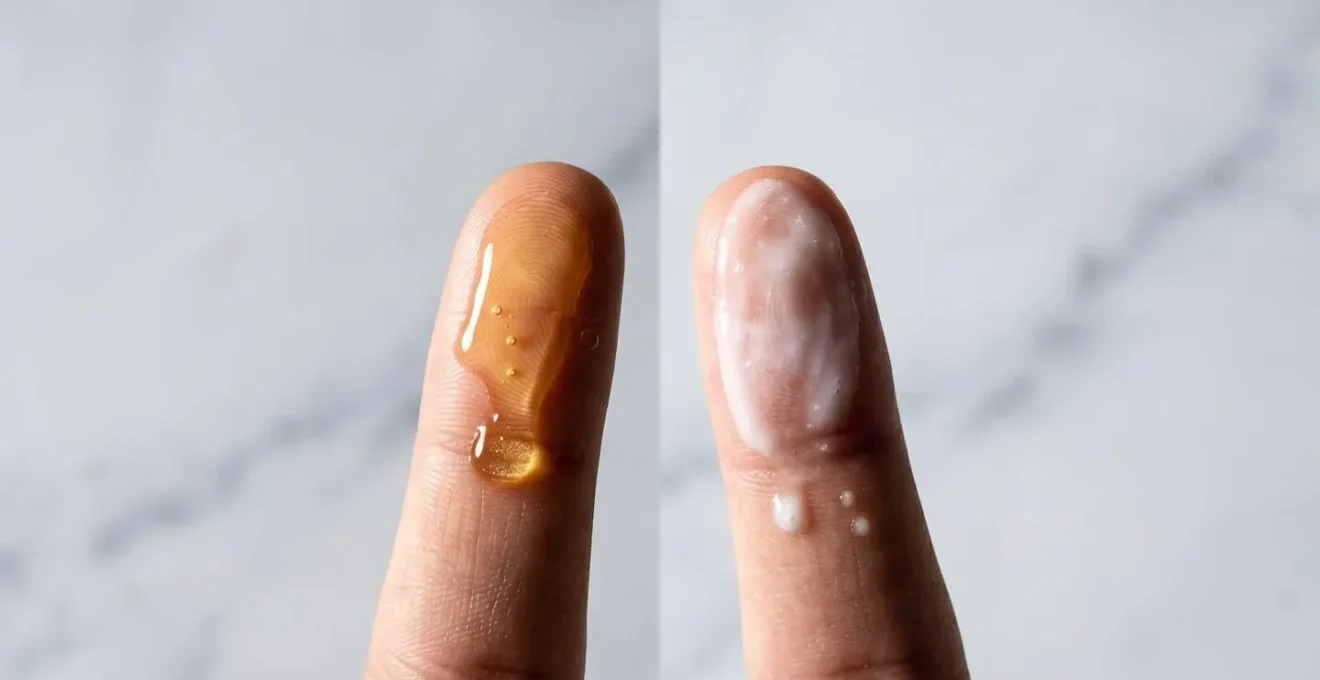 Trasformazione dell'olio detergente in emulsione lattiginosa a contatto con acqua su pelle