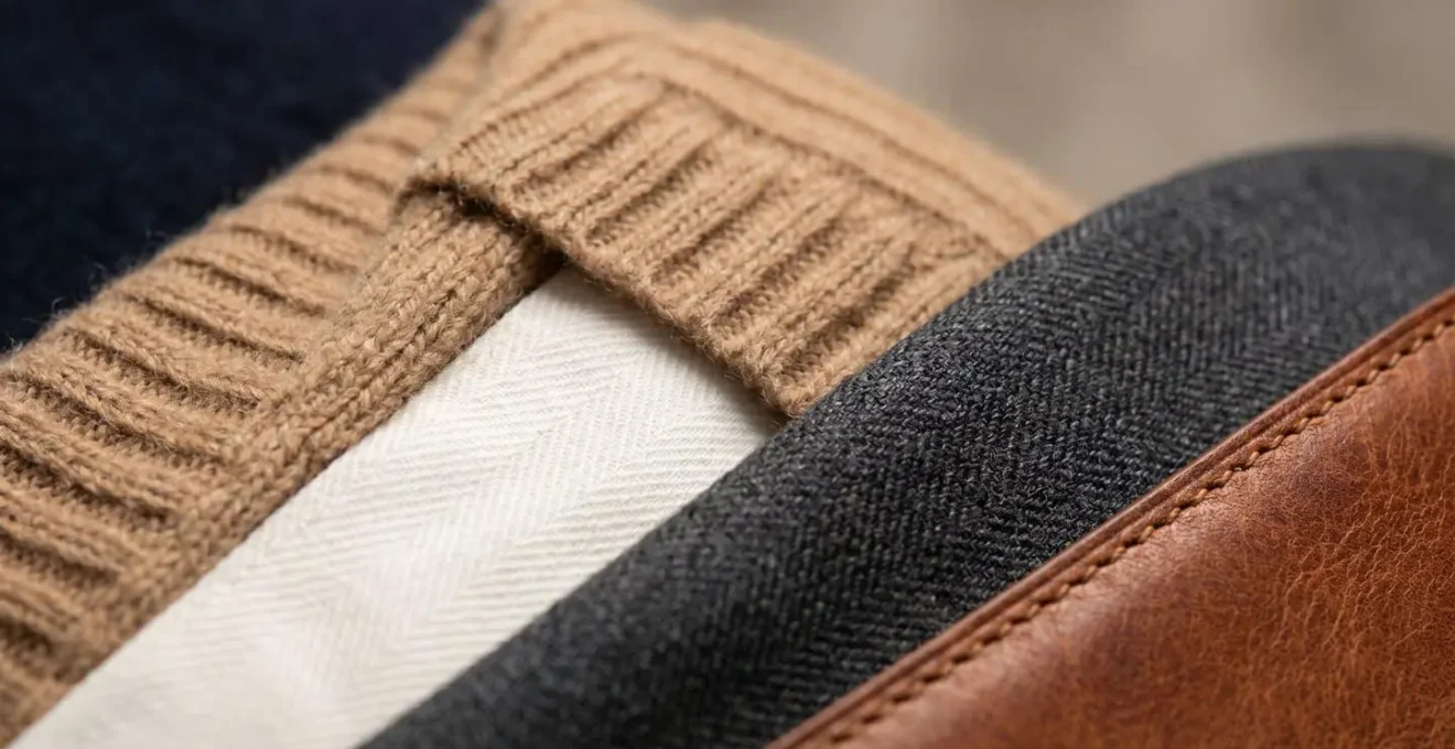 Dettaglio ravvicinato di outfit business casual italiano con tessuti di qualità e palette neutra per colloquio professionale
