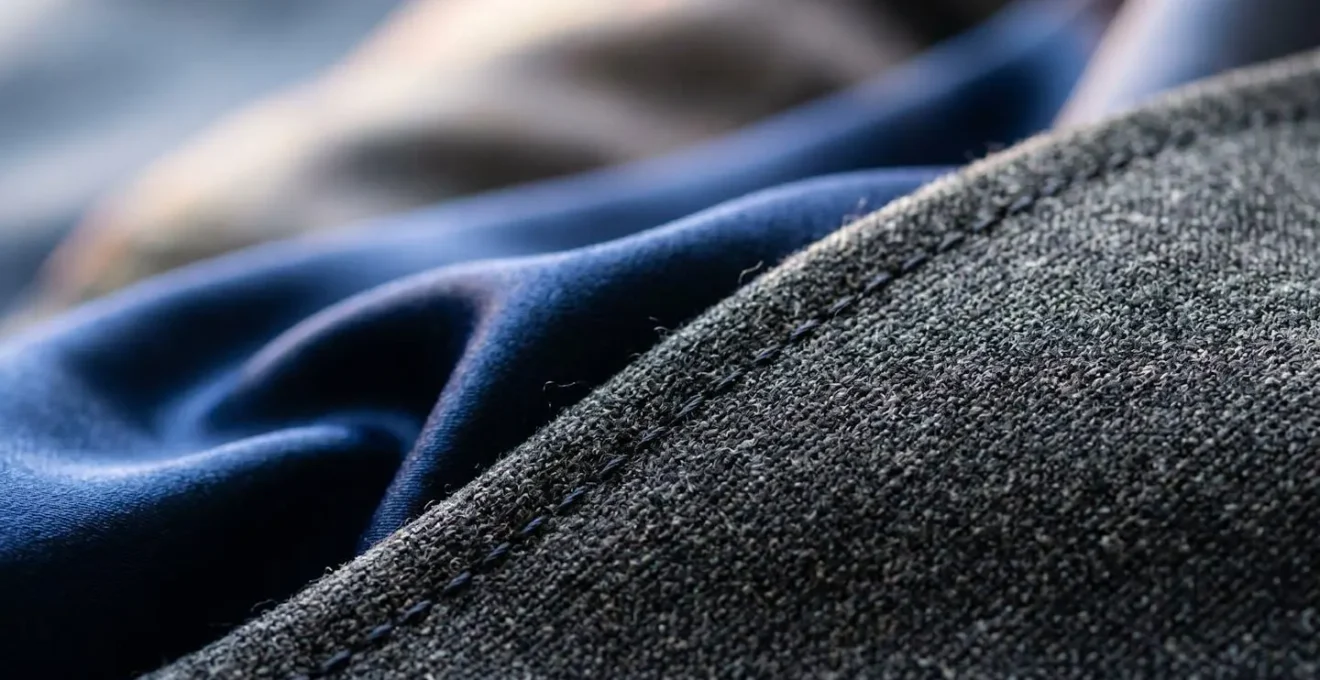 Dettaglio ravvicinato di tessuti e texture che combinano elementi di sartoria maschile e femminile