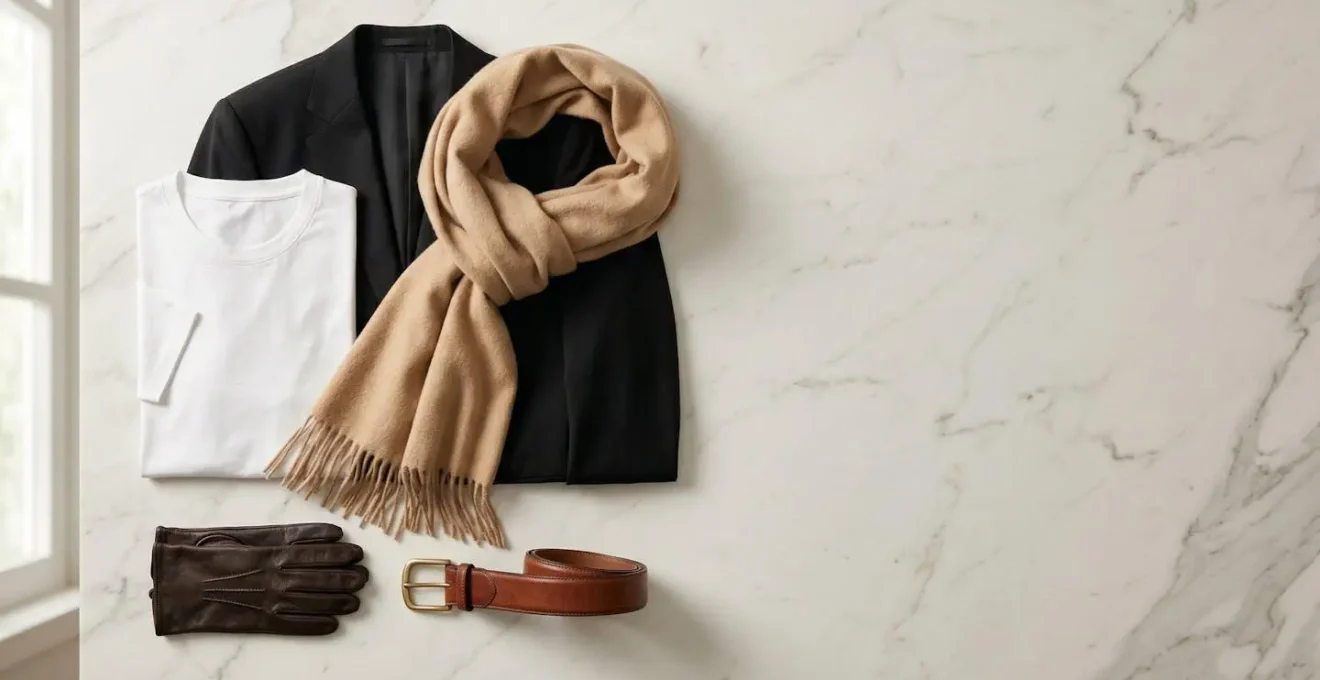 Composizione elegante di capi essenziali di qualità disposti su sfondo neutro italiano