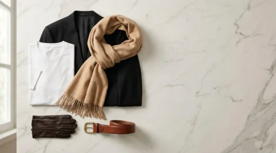 Composizione elegante di capi essenziali di qualità disposti su sfondo neutro italiano