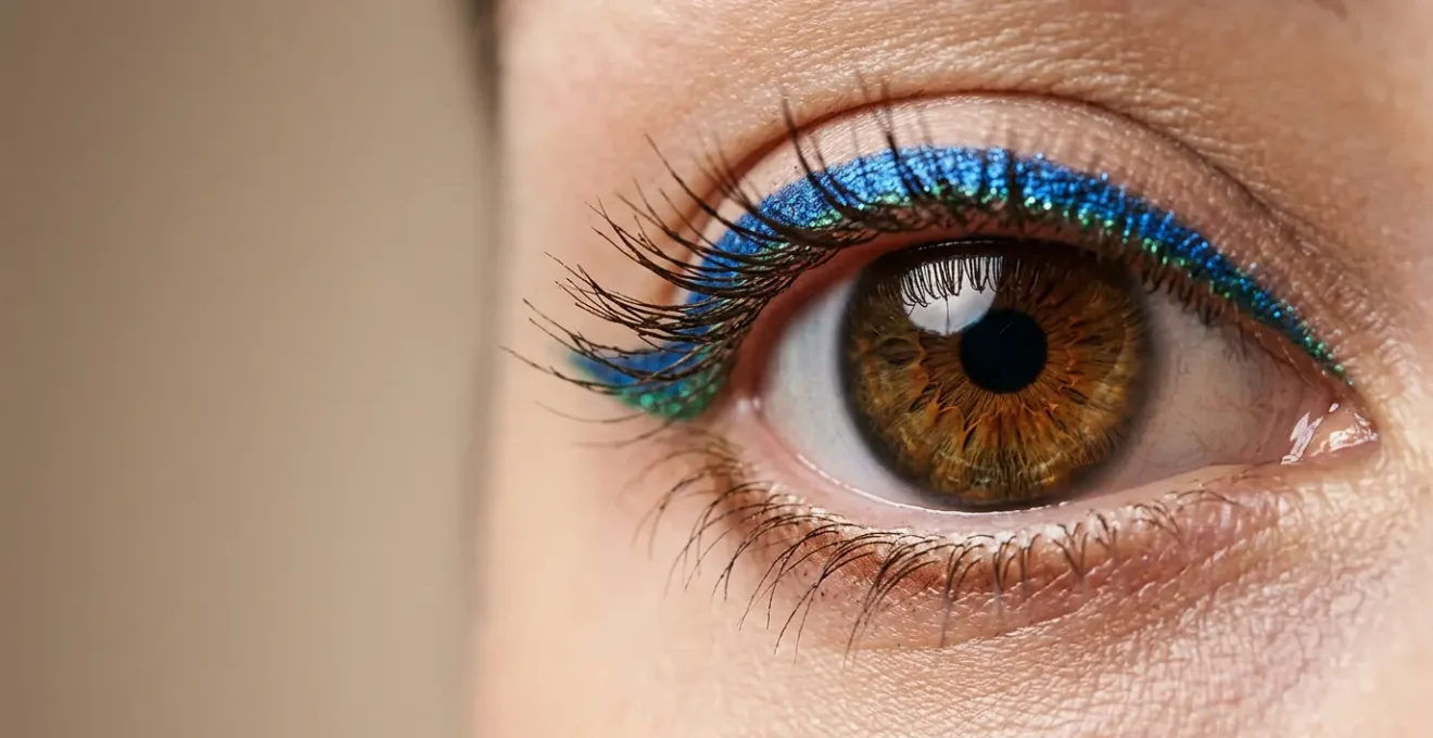 Dettaglio ravvicinato di occhi castani con eyeliner blu elettrico e verde smeraldo che esaltano l'iride