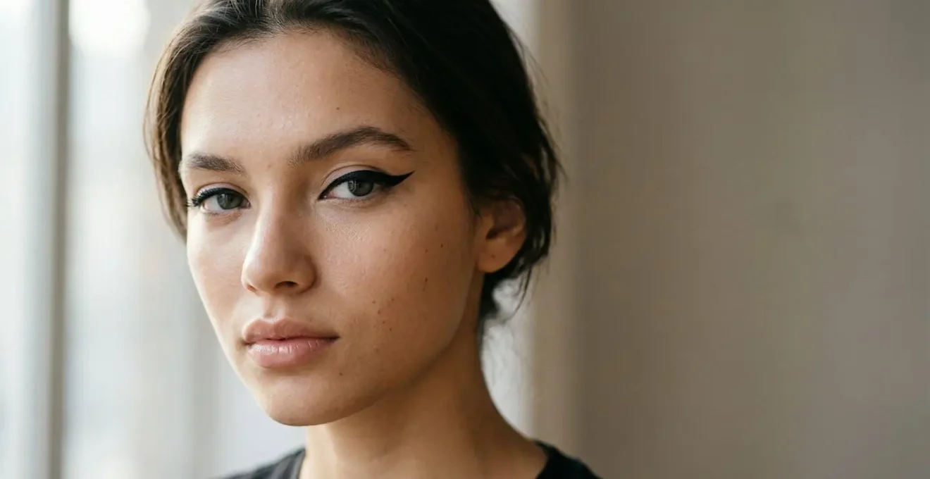 Primo piano di occhio con eyeliner grafico perfettamente simmetrico e linee precise