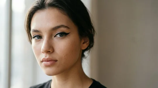 Primo piano di occhio con eyeliner grafico perfettamente simmetrico e linee precise