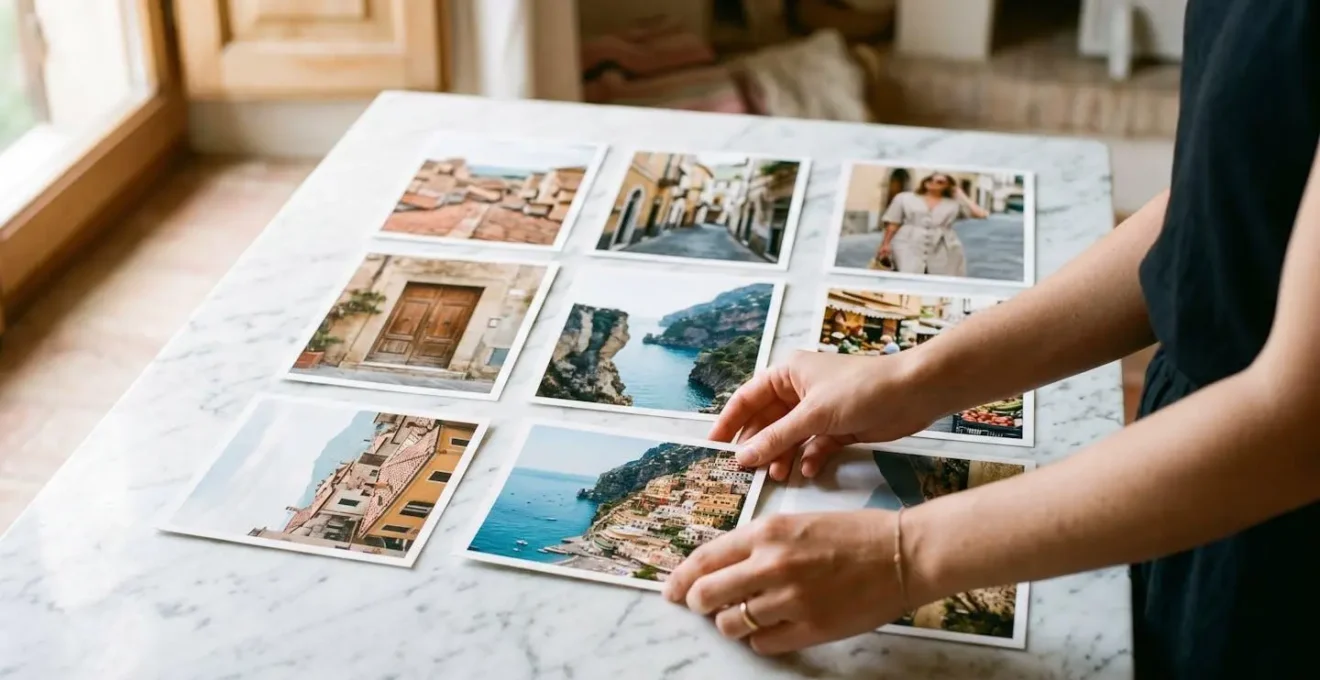 Composizione visiva che mostra la cura estetica di un feed Instagram con palette cromatica ispirata all'Italia