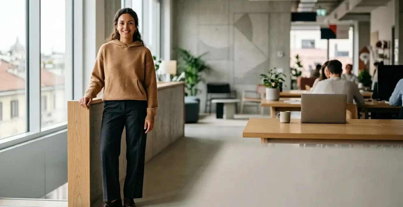 Professionista moderna che indossa una felpa oversize abbinata a pantaloni sartoriali in un ambiente d'ufficio contemporaneo