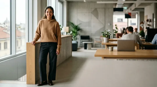 Professionista moderna che indossa una felpa oversize abbinata a pantaloni sartoriali in un ambiente d'ufficio contemporaneo